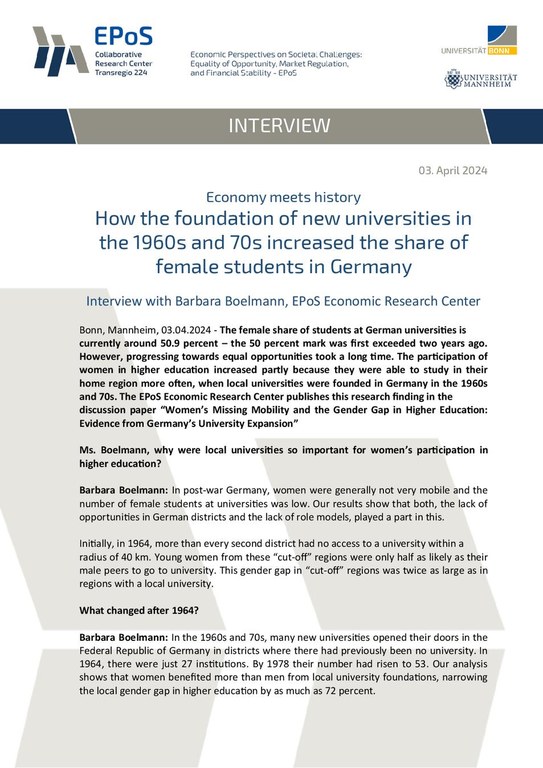Economy meets history: How the foundation of new universities in the 1960s and 70s increased the share of female students in Germany