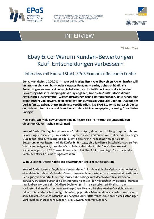 Ebay & Co: Warum Kunden-Bewertungen Kauf-Entscheidungen verbessern. Interview mit Konrad Stahl, EPoS Economic Research Center.