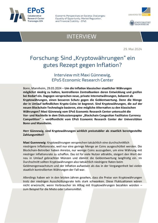 Forschung: Sind „Kryptowährungen“ ein gutes Rezept gegen Inflation? Interview mit Maxi Günnewig, EPoS Economic Research Center.