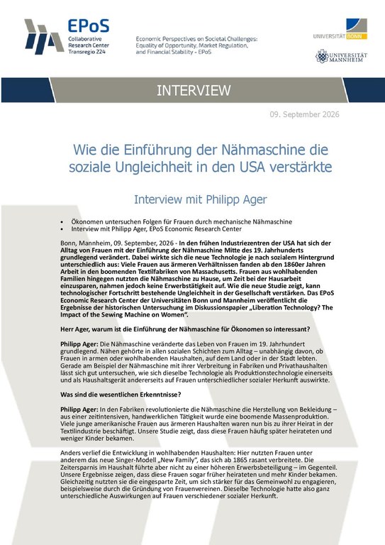 Interview with Philipp Ager: Wie die Einführung der Nähmaschine die  soziale Ungleichheit in den USA verstärkte