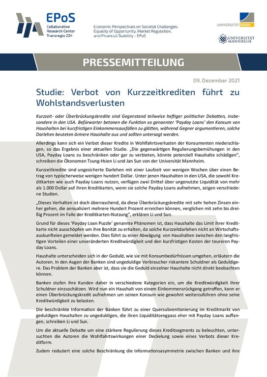 Studie: Verbot von Kurzzeitkrediten führt zu Wohlstandsverlusten
