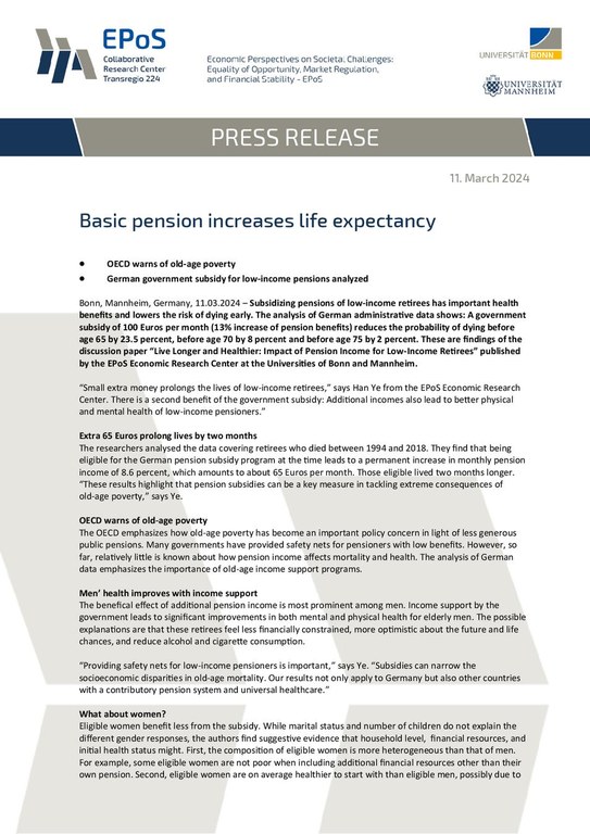 Press release: Basic pension increases life expectancy