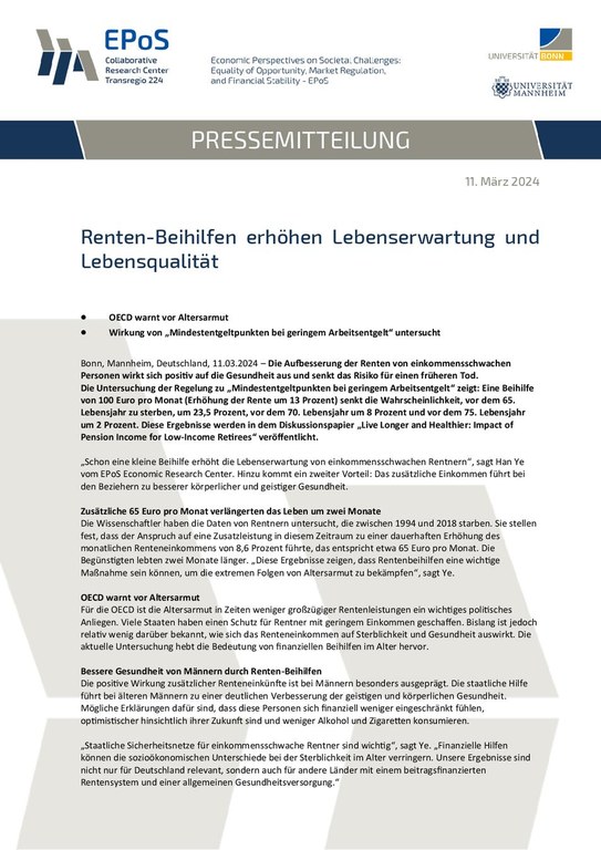 Pressemitteilung: Renten-Beihilfen erhöhen Lebenserwartung und Lebensqualität