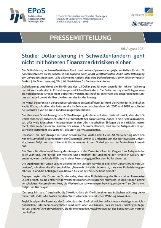 Studie: Dollarisierung in Schwellenländern geht nicht mit höheren Finanzmarktrisiken einher
