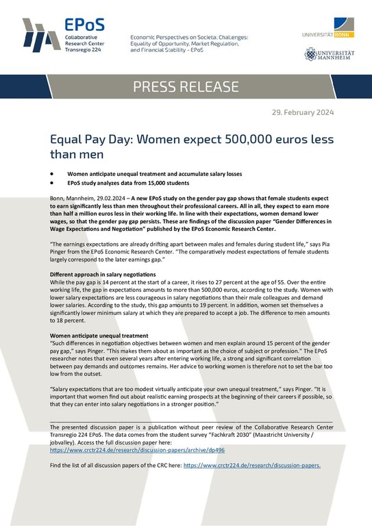 Press release: Equal Pay Day: Women expect 500,000 euros less than men