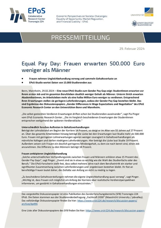 Pressemitteilung: 29. Februar 2024 Equal Pay Day: Frauen erwarten 500.000 Euro weniger als Männer