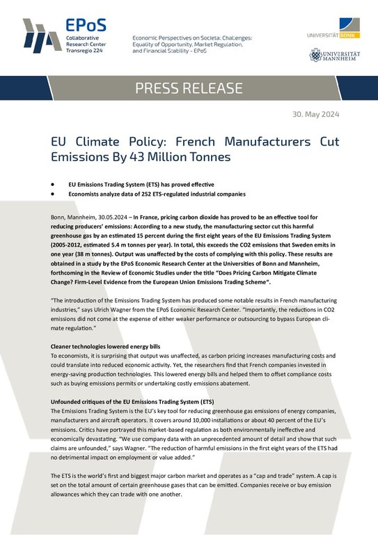 EU Climate Policy: French Manufacturers Cut Emissions By 43 Million Tonnes. EPoS Press Release.
