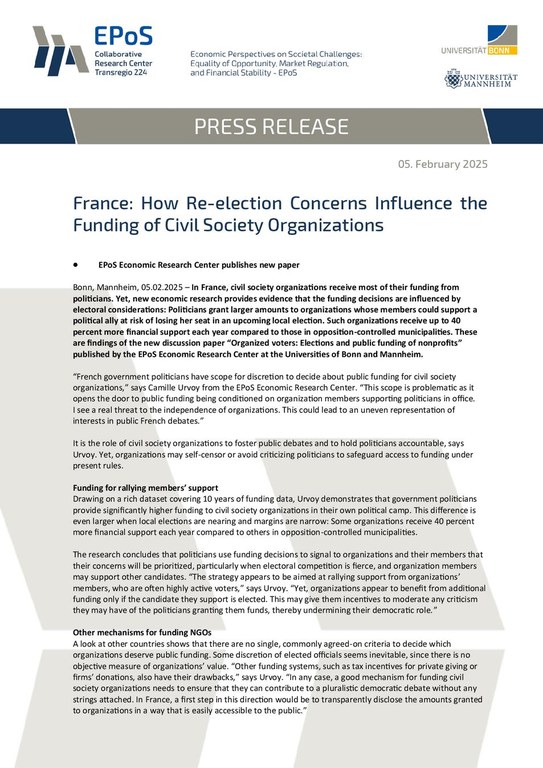 Press release: France: How Re-election Concerns Influence the Funding of Civil Society Organizations