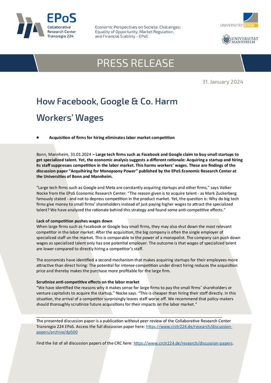 Press release: How Facebook, Google & Co. Harm Workers’ Wages
