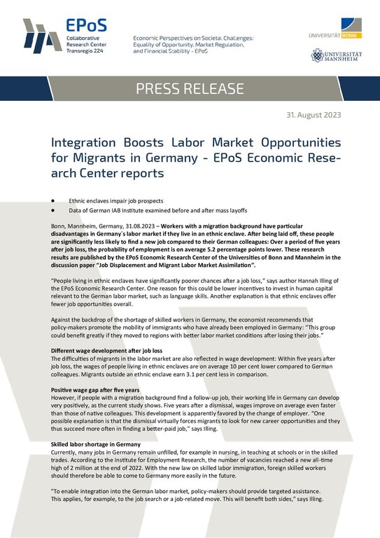 Integration Boosts Labor Market Opportunities  for Migrants in Germany - EPoS Economic Research Center Reports