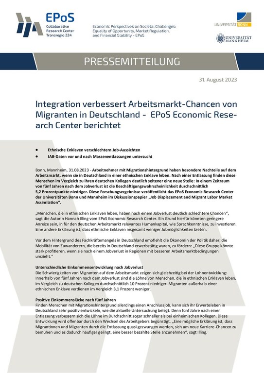 Integration verbessert Arbeitsmarkt-Chancen von  Migranten in Deutschland - EPoS Economic Research Center berichtet