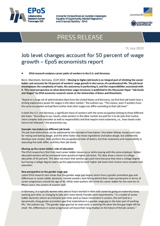 Job level changes account for 50 percent of wage growth – EpoS economists report
