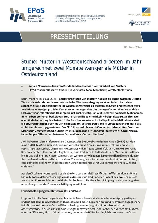 Studie: Mütter in Westdeutschland arbeiten im Jahr  umgerechnet zwei Monate weniger als Mütter in  Ostdeutschland