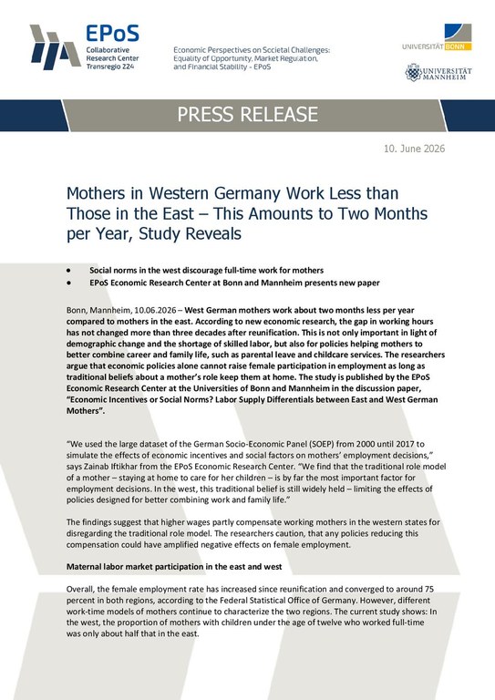 Mothers in Western Germany Work Less than  Those in the East – This Amounts to Two Months  per Year, Study Reveals