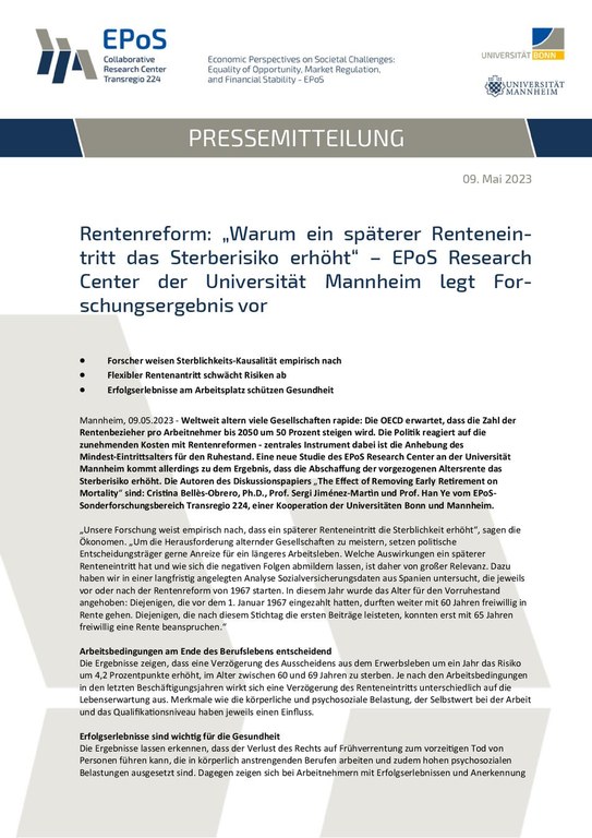 Rentenreform: „Warum ein späterer Renteneintritt das Sterberisiko erhöht“ – EPoS Research Center der Universität Mannheim legt Forschungsergebnis vor