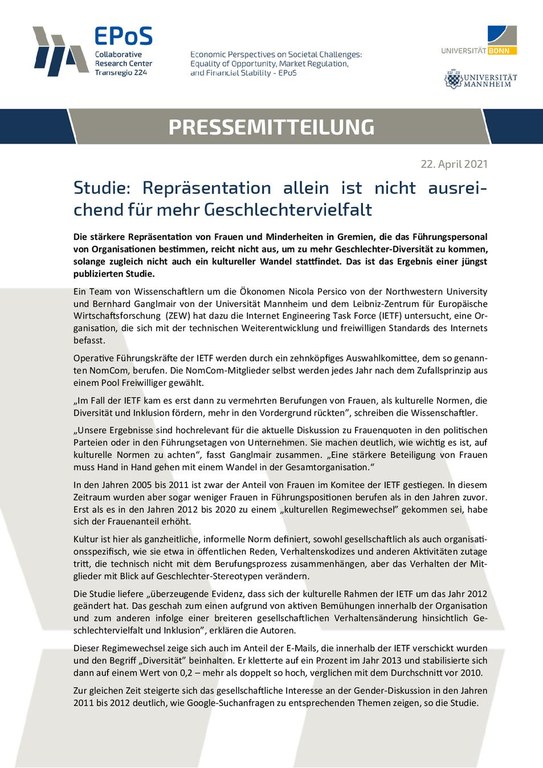 Studie: Repräsentation allein ist nicht ausreichend für mehr Geschlechtervielfalt