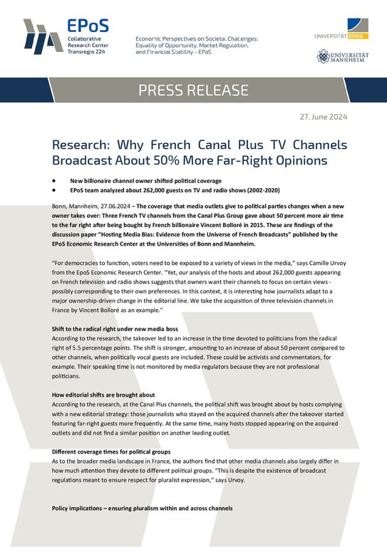 Press release: Why French Canal Plus TV Channels Broadcast About 50% More Far-Right Opinions