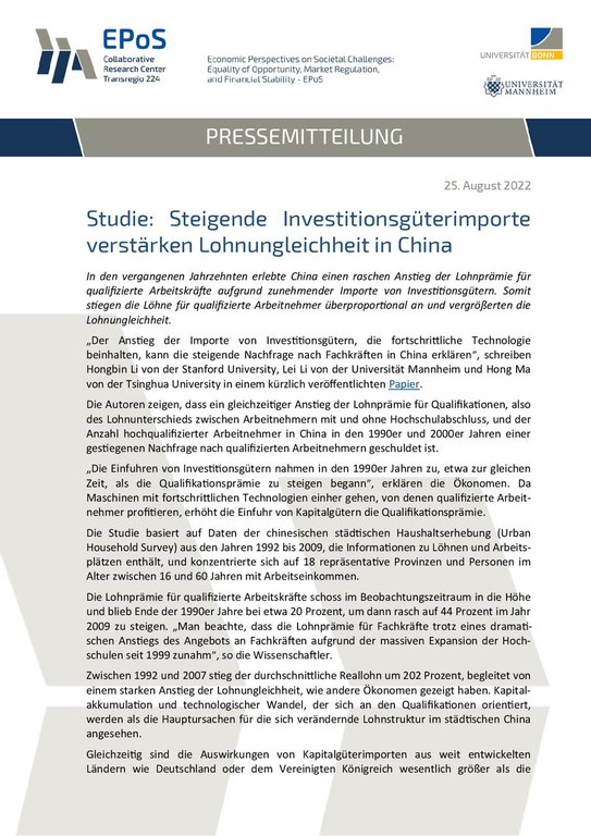 Studie: Steigende Investitionsgüterimporte verstärken Lohnungleichheit in China