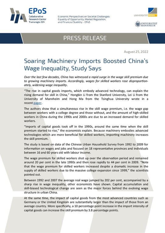 Soaring Machinery Imports Boosted China’s Wage Inequality, Study Says