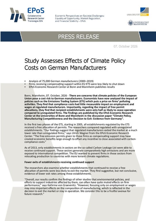 Study Assesses Effects of Climate Policy  Costs on German Manufacturers