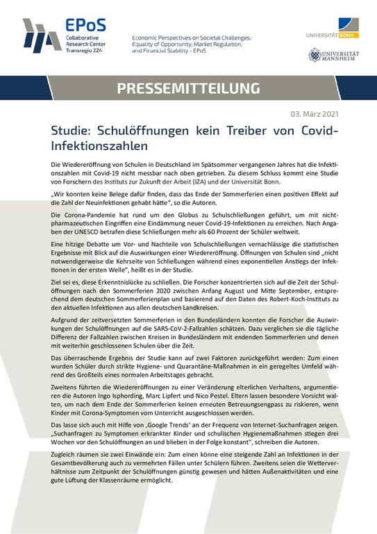 Studie: Schulöffnungen kein Treiber von Covid-Infektionszahlen