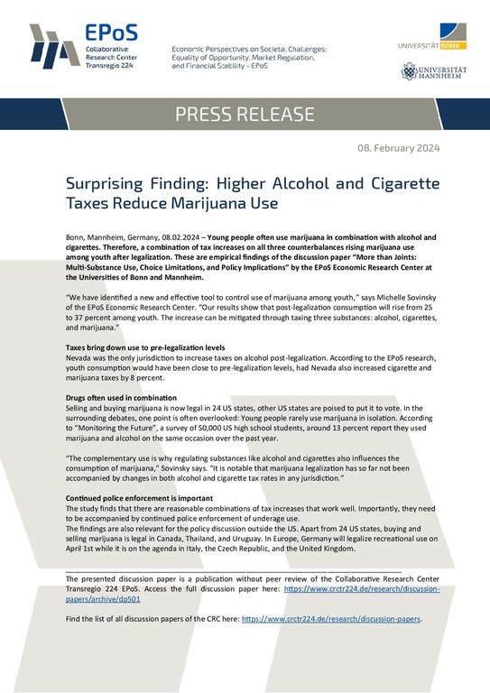 Press release: Surprising Finding - Higher Alcohol and Cigarette Taxes Reduce Marijuana Use