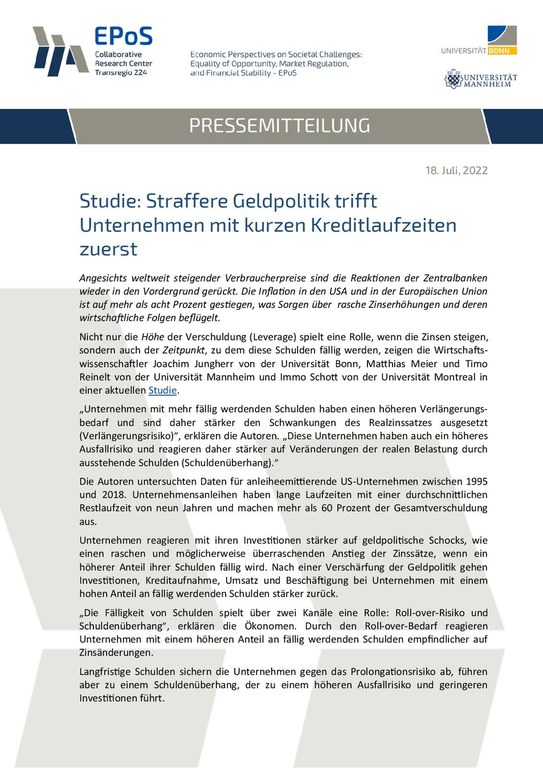 Studie: Straffere Geldpolitik trifft Unternehmen mit kurzen Kreditlaufzeiten zuerst