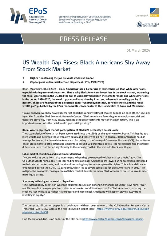 Press release: US Wealth Gap Rises: Black Americans Shy Away From Stock Market
