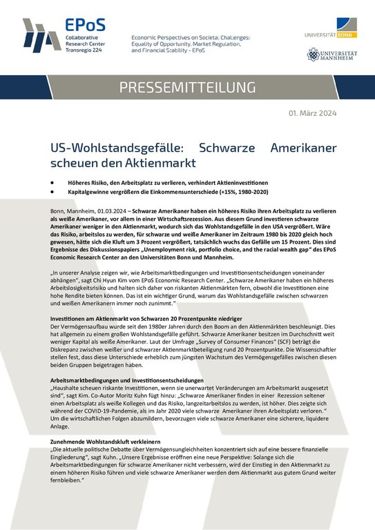 Pressemitteilung: US-Wohlstandsgefälle: Schwarze Amerikaner scheuen den Aktienmarkt