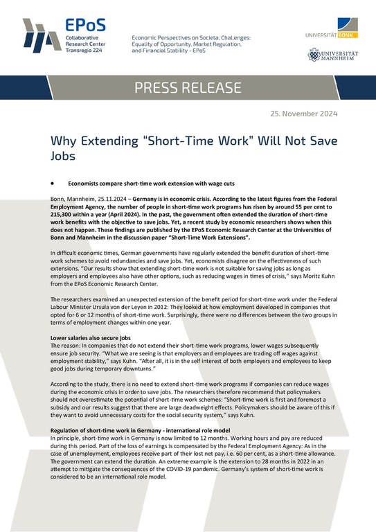 Press release: Why Extending “Short-Time Work” Will Not Save Jobs