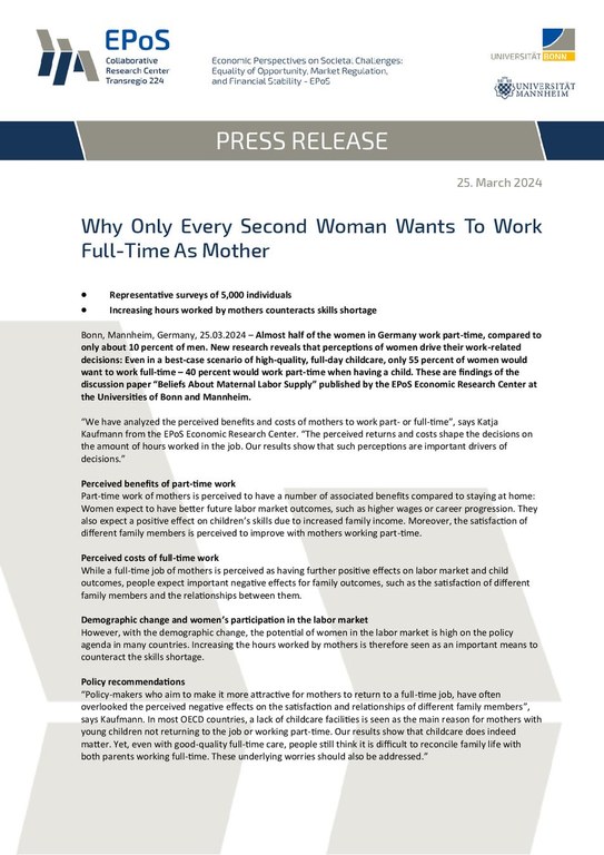 Press release: Why Only Every Second Woman Wants To Work Full-Time As Mother