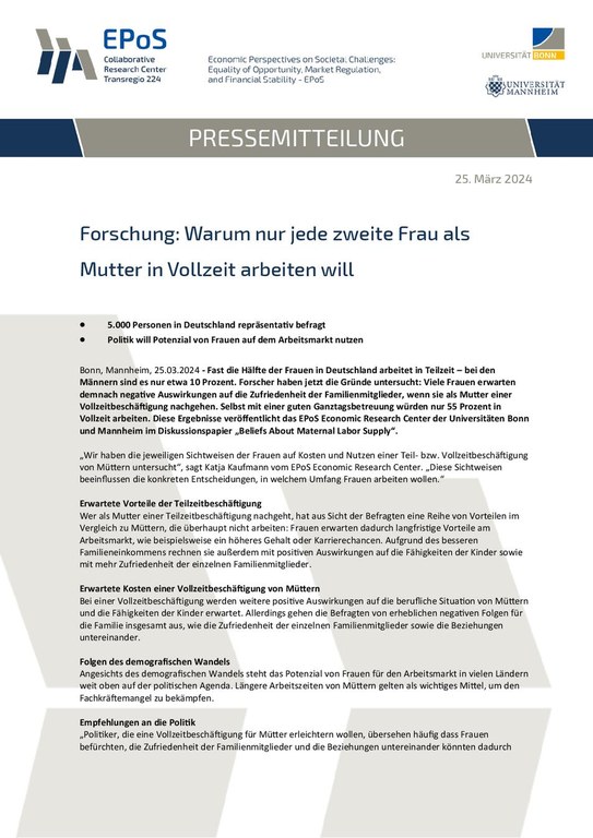 Pressemitteilung: Warum nur jede zweite Frau als Mutter in Vollzeit arbeiten will