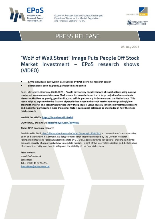 “Wolf of Wall Street” Image Puts People Off Stock Market Investment – EPoS research shows