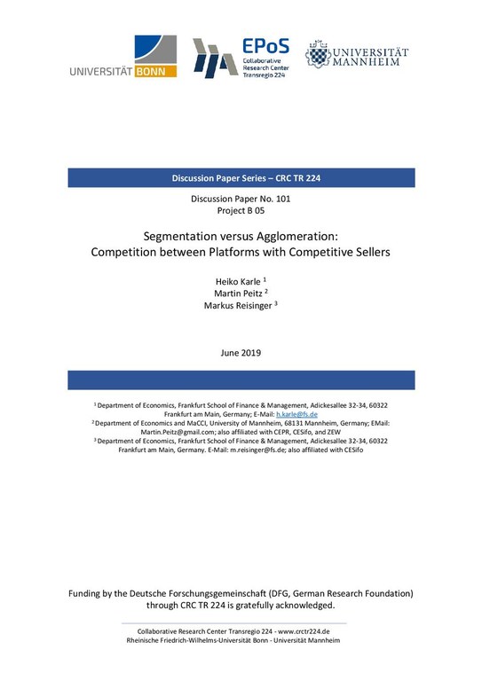 Segmentation Versus Agglomeration: Competition Between Platforms with Competitive Sellers