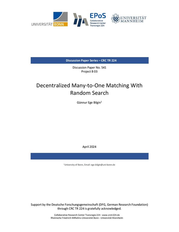 Decentralized Many-to-One Matching with Random Search