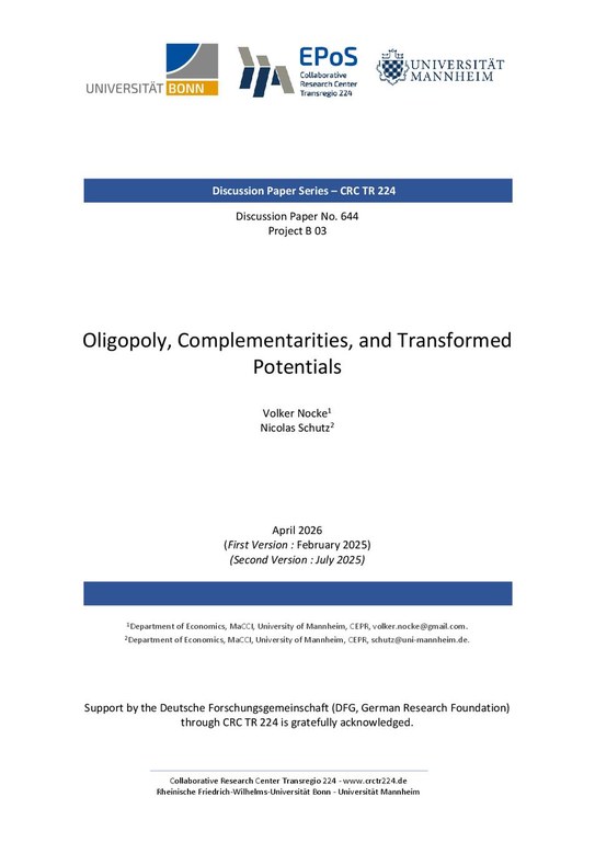 Oligopoly, Complementarities, and Transformed Potentials