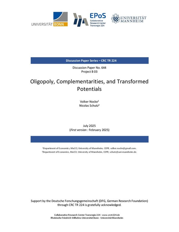 Oligopoly, Complementarities, and Transformed Potentials