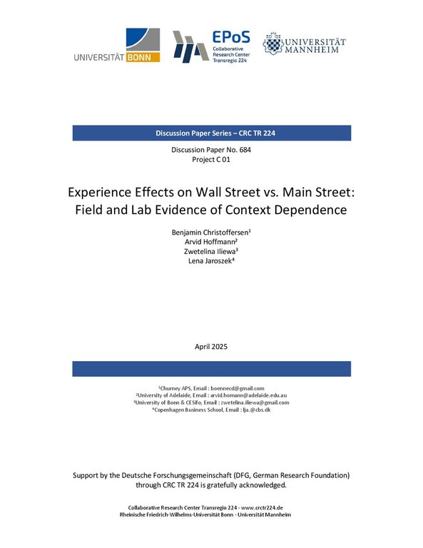 Experience Effects on Wall Street vs. Main Street: Field and Lab Evidence of Context Dependence