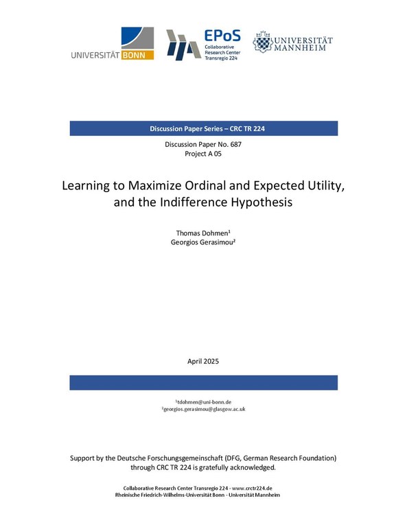Learning to Maximize Ordinal and Expected Utility, and the Indifference Hypothesis