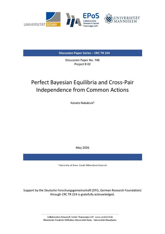 Perfect Bayesian Equilibria and Cross-Pair Independence from Common Actions