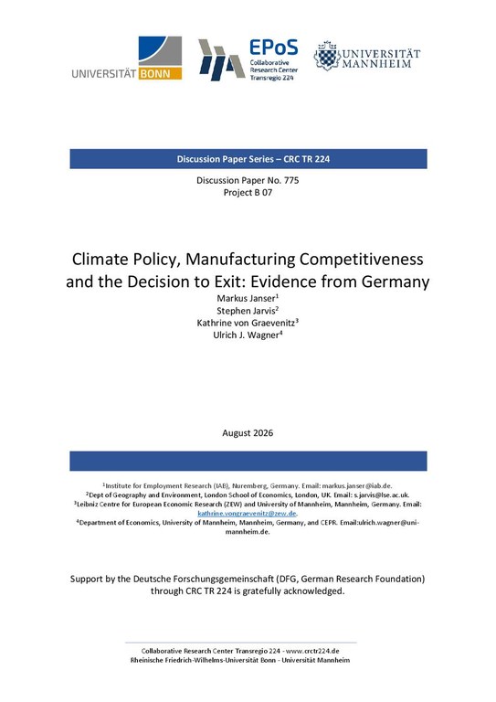 Climate Policy, Manufacturing Competitiveness and the Decision to Exit: Evidence from Germany